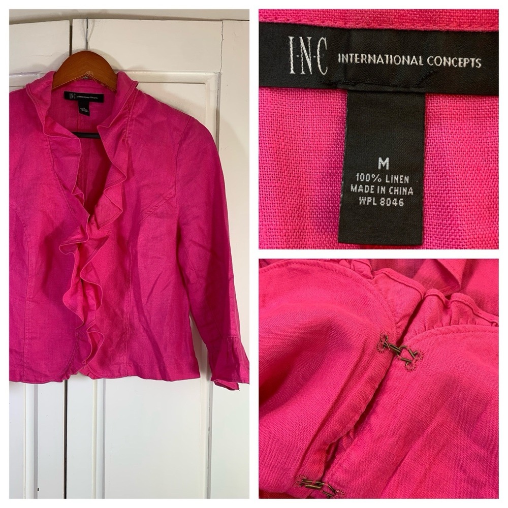 INC International Concepts Hot Pink 100% Linen Ruffle Lightweight Jacket Medium